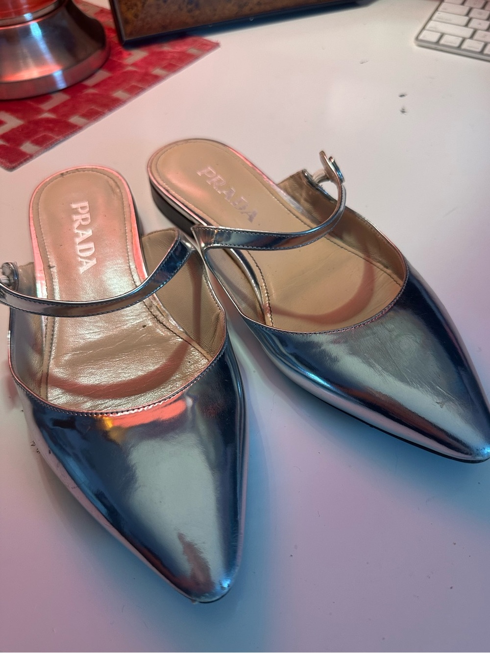 Prada Metallic Silver Pointed Mary Jane Mules